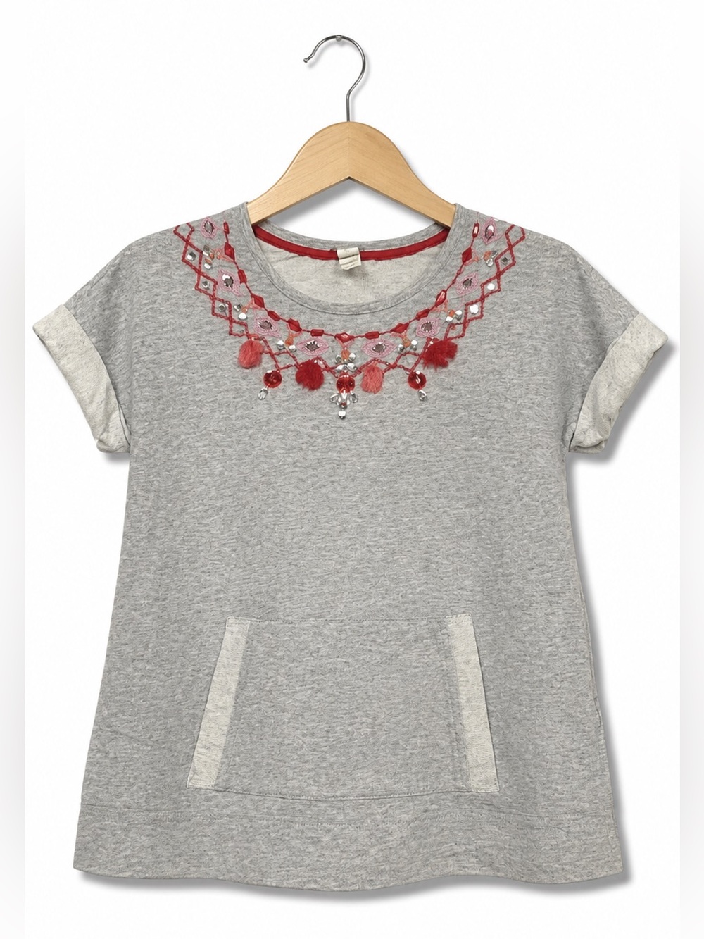 Monsoon Girls‎ Embellished Sweatshirt Gray Tassel Rhinestone Boho Top Size 9-10